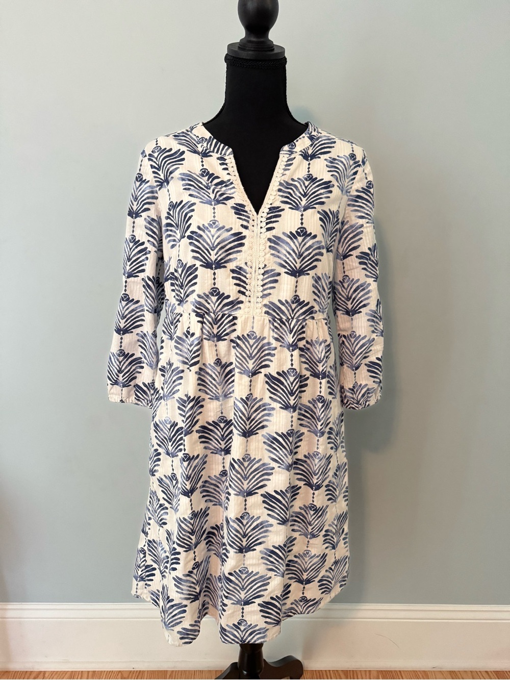 J. Jill Blue and White Printed Cotton Tunic Dress